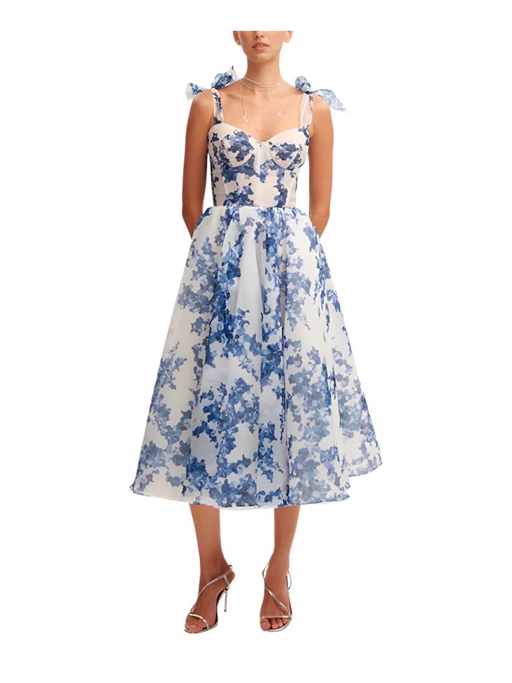 Blue Floral Tie-Shoulder Midi Dress - Women's